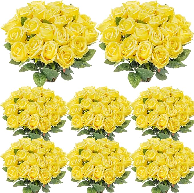 Hotop 80 Pcs Rose Artificial Flowers Bulk with Long Stem, Silk Roses Realistic Fake Flowers Bouquet for Wedding Table Centerpieces Bridal Shower Party Home Decorations(Yellow)