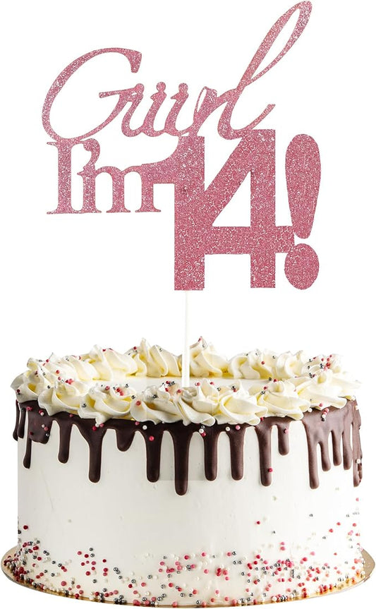 Giiirl I'm 14 Cake Topper - Pink Glitter Sweet 14 Birthday Decorations for Girls, Funny 14th Party Supplies for Teens, Girly I'm 14 Cake Decor (Giiirl I’m 14！, 14th)