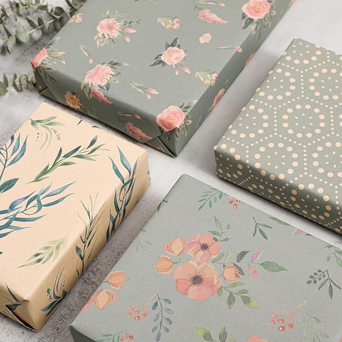 PlandRichW Wrapping Paper of Stylishly Designed Folded Kraft Wrapping Paper 12 Sheets Recycled Gift Wrapping Paper for Birthday, Wedding, Mother's Day, Party, and Baby Shower Precut 20" X 29"