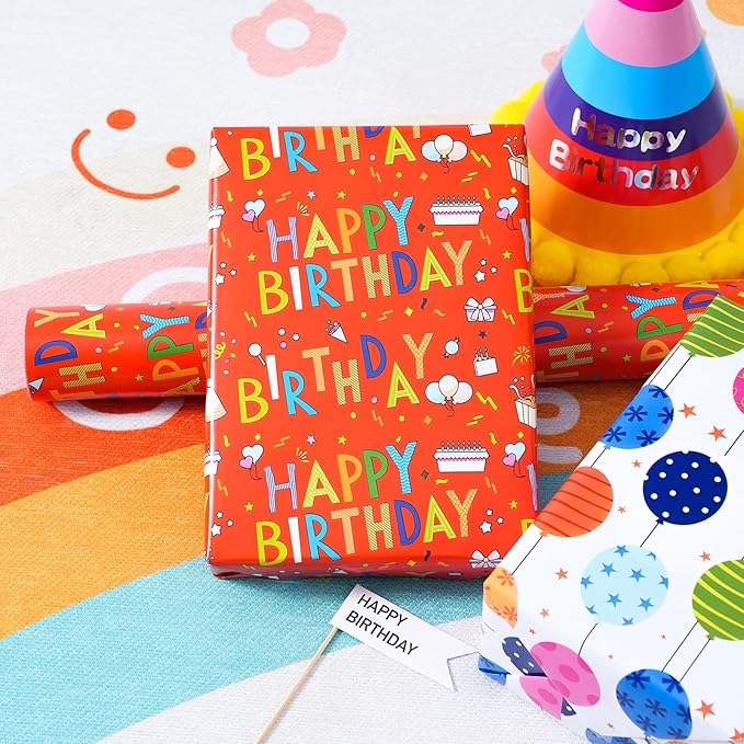 Reversible Birthday Wrapping Paper - Mini Roll - 17 Inches X 33 Feet - for Boys Girls Kids - Happy Birthday Lettering and Colorful Balloons Design for Women Men Baby Shower Holiday
