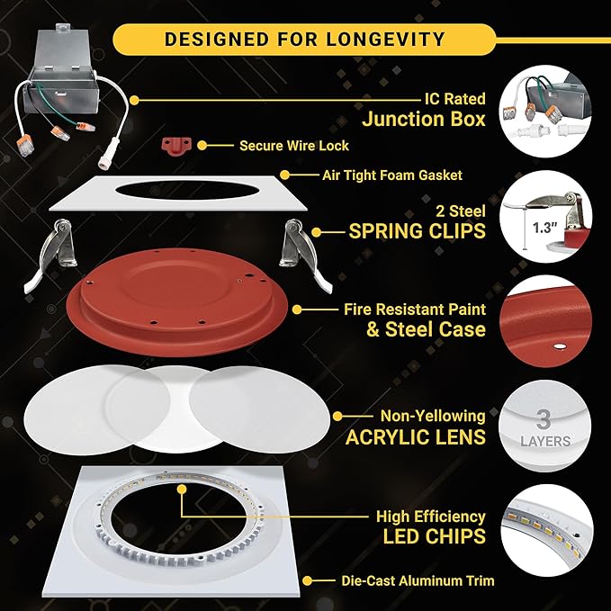 NUWATT 12 Pack 2 Hour Fire Rated 3 Inch Square LED Recessed Lighting, 27K/30K/35K/40K/50K Selectable, 550LM Dimmable, IC Rated, Wet Rated, 3" LED Wafer Lights, No Fire Rated Light Covers Needed