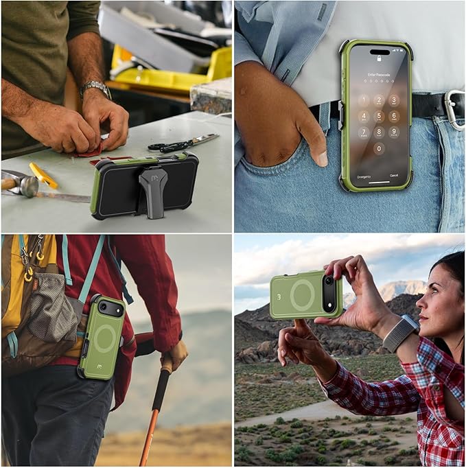 M MYBAT PRO for iPhone Air Case with Belt Clip Holster,[Compatible with Magsafe] w/Screen Protector,Anti-Drop,Shockproof,w 360°Rotating Kickstand,Heavy Duty Protection (Army Green)