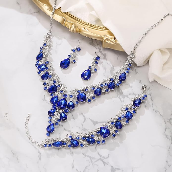 BriLove Women's Wedding Bridal Austrian Crystal Teardrop Flower Cluster Statement Necklace Dangle Earrings Jewelry Set for Party Prom