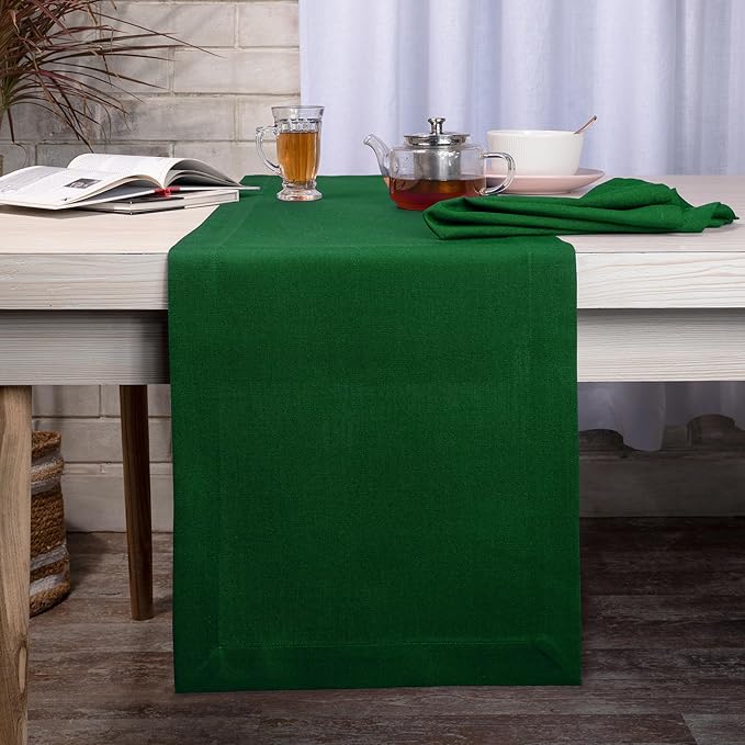 D'Moksha Homes Eden Green Table Runner 14 x 108 Inch - Faux Linen Table Runner 108 Inches Long - Wrinkle Resistant, Machine Washable for Fall, Thanksgiving, Christmas, Holiday - 100% Recycled Fabric