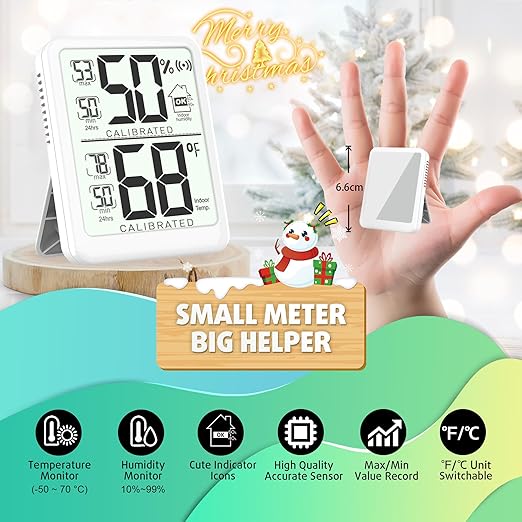 Antonki Room Thermometer, Digital Small Hygrometer Indoor Thermometer Humidity Gauge, Temperature Humidity Meter with Max/Min Record Monitor Sensor for Home, Plants - Battery Included