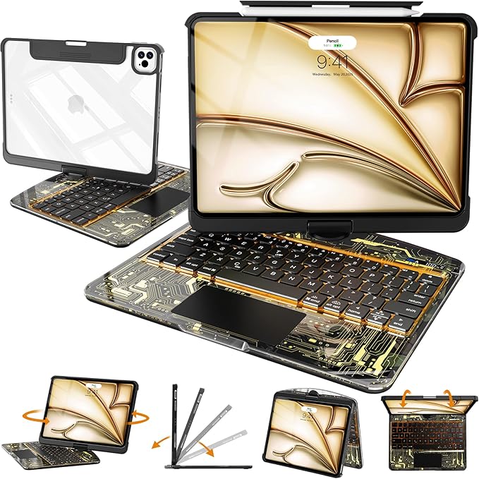 Intermerge Clear Keyboard Case for iPad Pro 13" (M4) 2024 Only, 360° Swivel Multi-Touch Trackpad, 7-Color RGB Backlit, Pencil Holder, Type-C, Power Indicator, Shadow Pulse