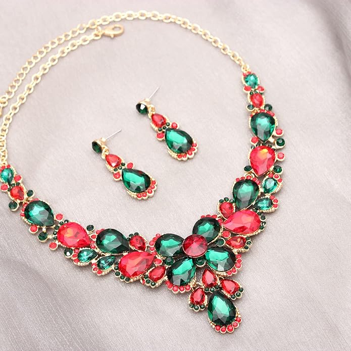 Women's Wedding Bridal Austrian Crystal Glass Teardrop Statement Necklace Dangle Earrings Bracelet Ring Wedding Party Jewelry Set for Bridal Bridesmaid