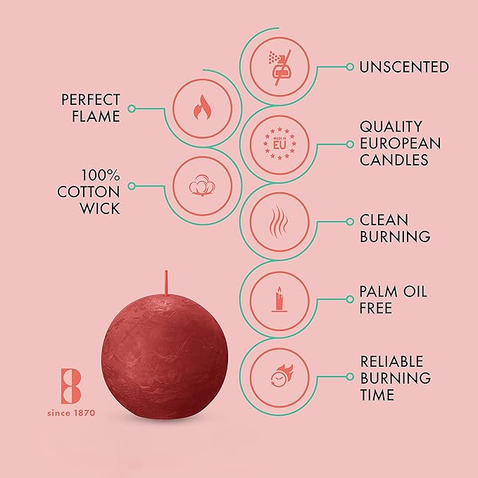 BOLSIUS 3 Pack Delicate Red Rustic Ball Pillar Candles - 3 Inch - Premium European Quality - Includes Natural Plant-Based Wax - Unscented Dripless Smokeless 25 Hour Party Décor and Wedding Candles