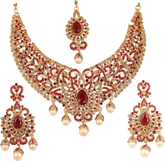 Touchstone Indian jewelry sets for women tikka wedding necklace costume guest statement bollywood rhinestones crystal faux pearls gold big royal neck piece set bridal fashion accessories