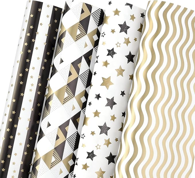 PlandRichW Wrapping Paper Folded Black White and Gold Matte Design Stars, Stripes, Ripples, Plaids for Birthdays, Christmas, Graduations, Weddings, Father's Day 4 Styles 20" X 29" 12 Sheets