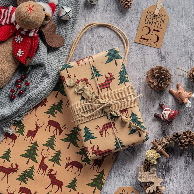 RUSPEPA Christmas Wrapping Paper Rolls with Tags, Jute String and Gift Wrap Bows - 30 inches x 10 feet per Roll, Total of 4 Rolls