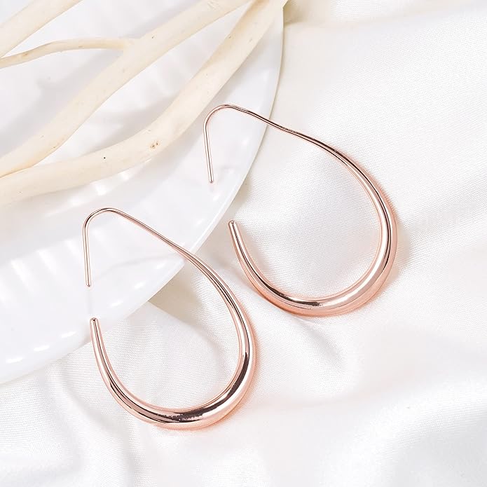 Lightweight Teardrop Hoop Earrings for Women - 14k Gold/White Gold Plated Large Oval Pull Through Hoop Earrings High Polished Statement Jewelry Gift for Women