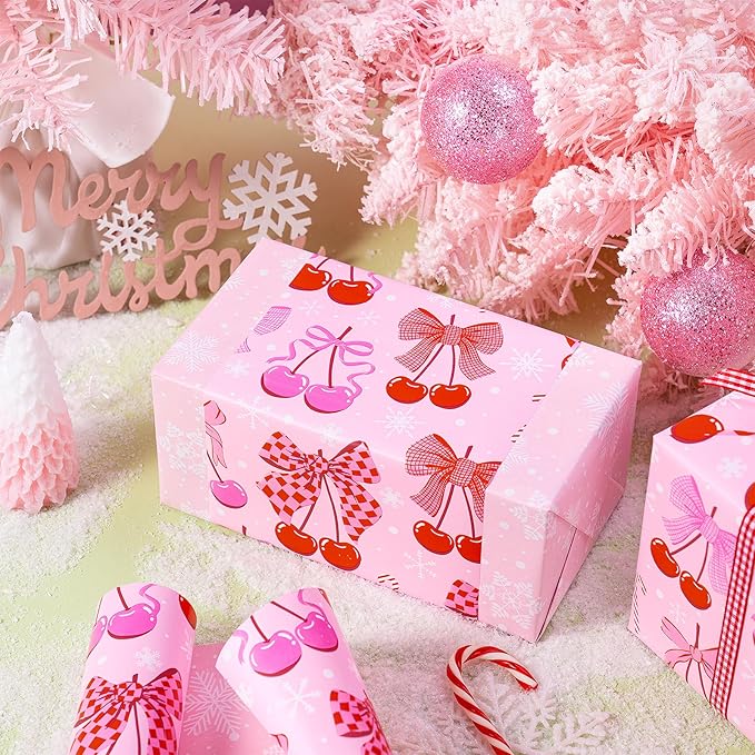 RUSPEPA 30" X 32.8' Reversible Christmas Bow Wrapping Large Paper Roll, Jumbo Roll, Pink Romantic Cherry Bow and Candy Cane Design, White Snowflake Gift Wrap Paper for Girls, Women, Kids, Holiday Gift