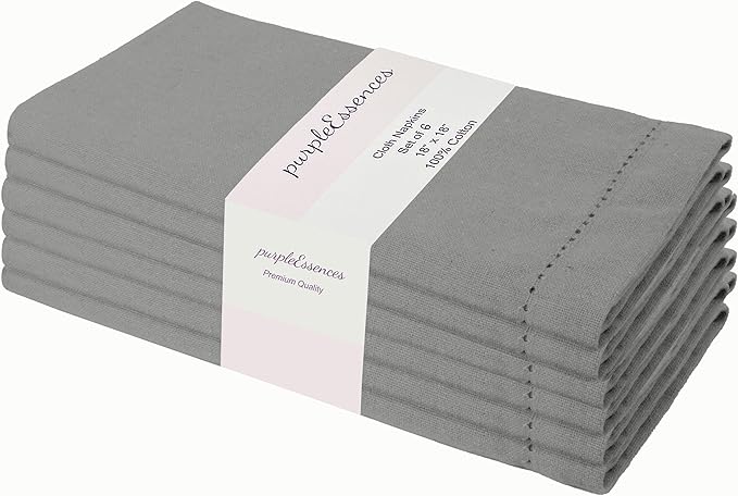 PurpleEssences Set of 6 Hemstitch Cloth Dinner Napkins 100% Cotton - Soft Durable Washable - Ideal for Wedding Christmas Holiday Winter - Perfect Everyday Use Table Linen 18x18 - Ash Grey