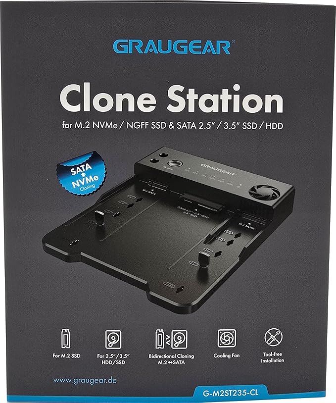 GRAUGEAR SATA SSD/HDD to M.2 NVMe Docking Station, USB-C 10Gbps Clone Station for M.2 NVMe SSD to SATA 2.5”/3.5” SSD & HDD Converter, Offline Cloning, Tool-Free, Built-in Cooling Fan