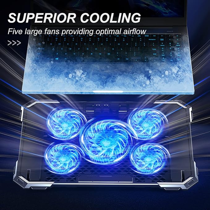 Upgrade Laptop Cooling Pad,Gaming Laptop Cooler with 5 Quiet Fans,2 USB Ports,5 Adjustable Stand Height,Blue LED Lights,for 15.6 Inch Laptops