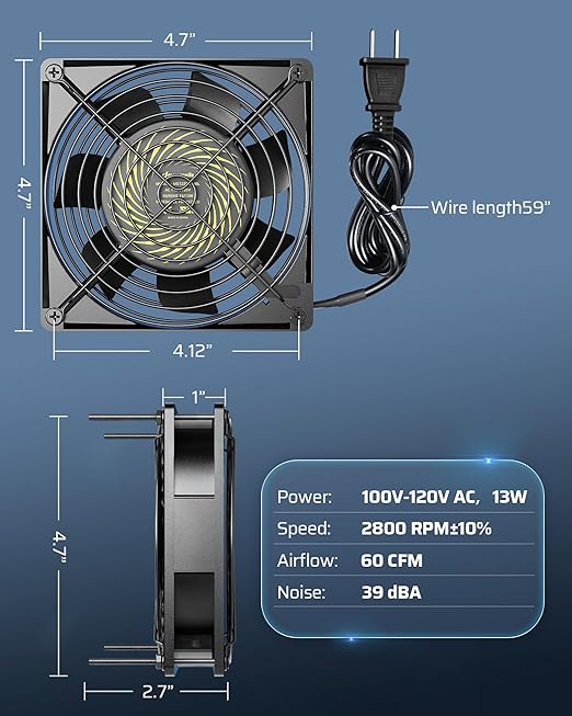 DEWENWILS 2 Pack 120V AC Fan, Waterproof Exhaust Fan 120mm, 13W 2800RPM 60CFM, DIY Cooling Fan for Refrigerator, Computer Case, Compressor Engine, Generator, UL Listed
