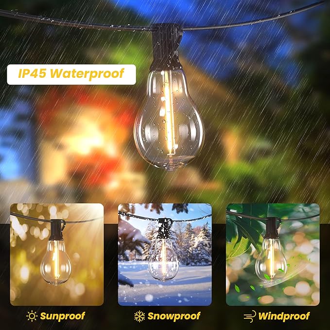 DAMAING Outdoor String Lights 120FT Waterproof Patio String Lights with 63 Shatterproof Dimmable A39 LED Bulbs, Connectable Outdoor Lighting for Backyard Porch Bistro and Balcony 2200K Black Cord