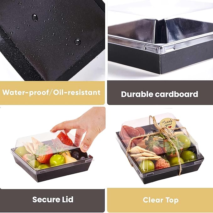50 Pack Small Charcuterie Boxes with Clear Lids - To Go Paper Mini Charcuterie Box, Disposable Food Containers, 5Inch Dessert Boxes - Sandwich, Cookie, Sushi, Cake Slice, Strawberries (Black)