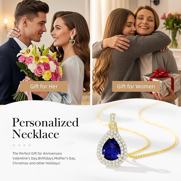 Valentine's Day Gift for Wife/Her-18K Gold Plated Teardrop Birthstone Necklace- with Light-Up Gift Box,Jewelry for Women,Anniversary Birthday Gifts for Women Her Wife Girlfriend Mom,Womens Jewelry