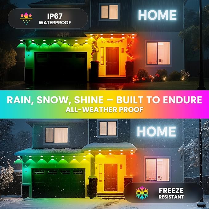 Permanent Outdoor Lights for House, 200 FT Color Changing String Lights with RGBIC & Bluetooth Remote, DIY via App for Music Sync, IP67 Waterproof Expandable LED Lights for Eaves, Patio, Lanai, Fence