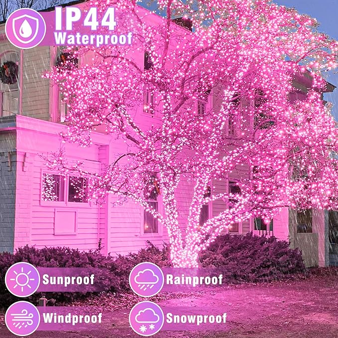 100FT 300 LED Christmas Lights Outdoor, Plug in Christmas String Lights Indoor, Waterproof & 8 Modes & Timer Function, Connectable Fairy Twinkle Light for Home Wedding Tree Party Decor, Pink