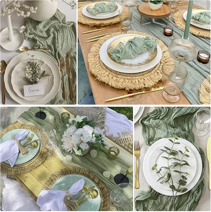 12 Pack Sage Green Cheesecloth Table Runner 10FT Boho Gauze Fabric Table Runner 35 x 120 Inch Rustic Sheer Runner for Centerpiece Wedding Decor Party Boho Table Decoration（Sage Green）