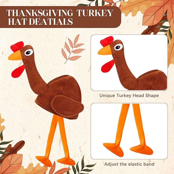 Hanaive 10 Pieces Thanksgiving Turkey Hats Bulk for Adults Turkey Costume for Dress-up Party Plush Turkey Hat Party Supplies