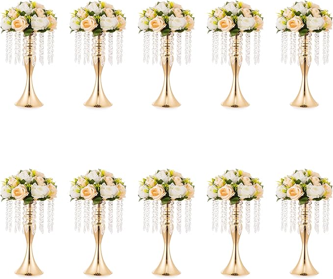 10 Pcs Gold Vases for Centerpieces, 13.8in Crystal Flower Arrangement Stand, Wedding Centerpieces for Tables, Tall Metal Flower Vase Holders for Wedding, Event, Reception, Birthday, Home Decor