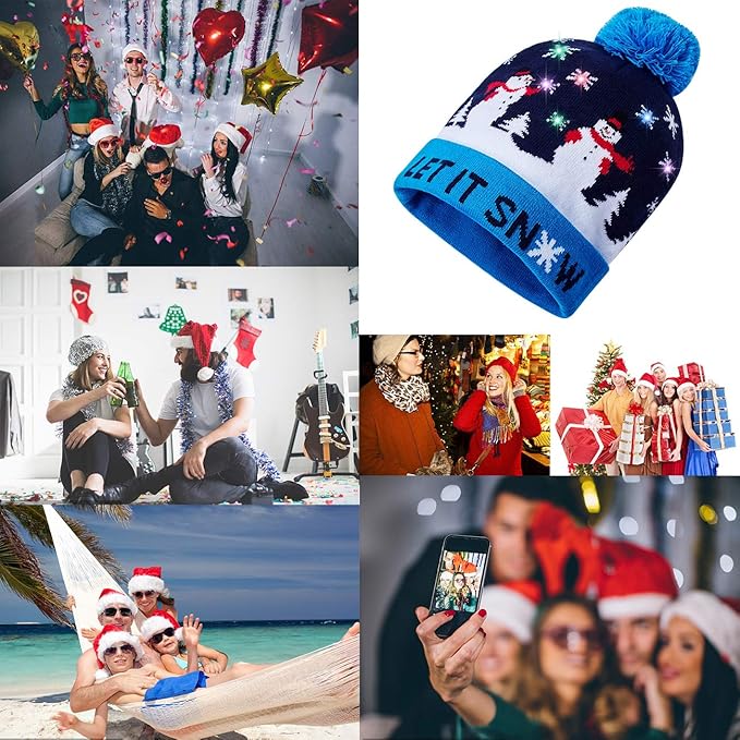 RAISEVERN Unisex Ugly LED Christmas Hat Novelty Colorful Light-up Stylish Knitted Sweater Xmas Party Beanie Cap(6 Lights)