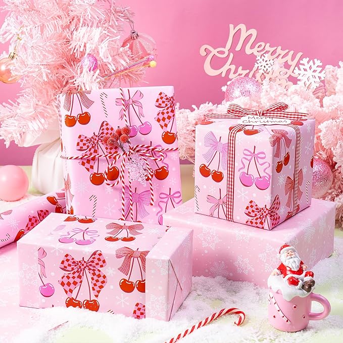 RUSPEPA 30" X 32.8' Reversible Christmas Bow Wrapping Large Paper Roll, Jumbo Roll, Pink Romantic Cherry Bow and Candy Cane Design, White Snowflake Gift Wrap Paper for Girls, Women, Kids, Holiday Gift