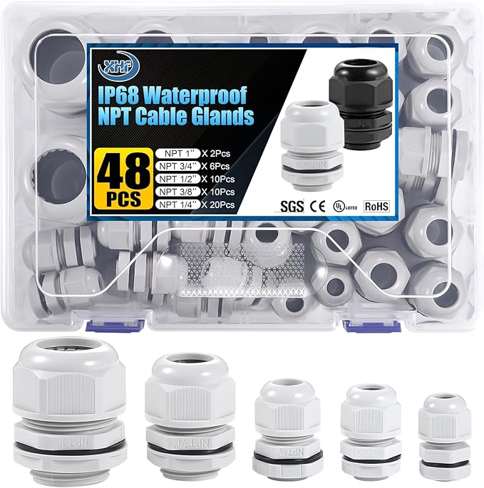 XHF IP68 Nylon Waterproof NPT Cable Glands Assortment 48pcs 1/4", 3/8'', 1/2'', 3/4'', 1'' UL Listed and RoHS Cord Grip Compliant Cable Strain Relief Gray