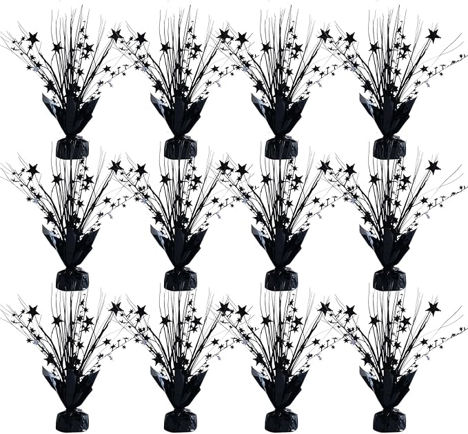 12 Pack Metallic Black Color Foil Star Brust Table Centerpices for Halloween, Holiday Party Decor Metallic Star Spray Balloon Weights for Halloween Party, Table Decor for Party