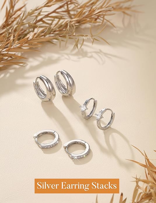 MILACOLATO 3 Pairs Small 14K Gold Plated Hoop Earrings for Women Trendy Hypoallergenic Silver Earring Stacks Huggie Hoops Earring Sets for Multiple Piercing Chunky Double Hoop Jewelry Lightweight