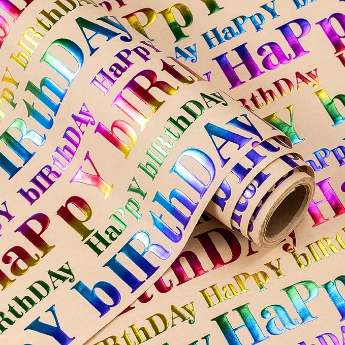 WRAPAHOLIC 3D Kraft Birthday Wrapping Paper Roll - Mini Roll - 17 Inch x 16.5 Feet - Brown and Colorful Foil Happy Birthday Wrapping Paper with Embossed for Kids Boy Girls, Baby Shower