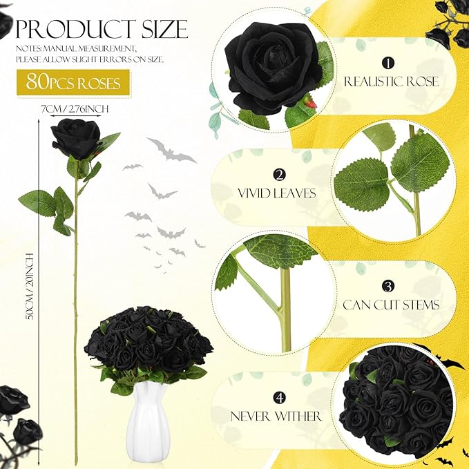 Hotop 80 Pcs Rose Artificial Flowers Bulk with Long Stem, Silk Roses Realistic Fake Flowers Bouquet for Wedding Table Centerpieces Bridal Shower Party Home Decorations(Black)