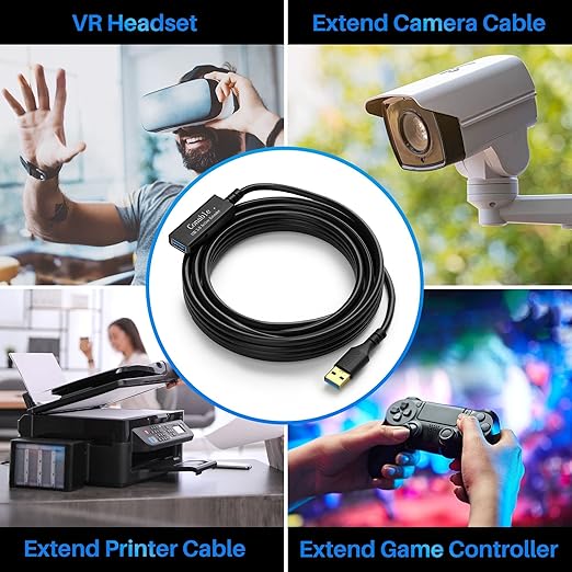 USB 3.0 Active Extension Cable 25 Feet, Long USB Type-A Male to Female Extender Cord, Built-in A Signal Booster Smart Chip, 5Gbps Transfer, for Printer, Xbox, Webcam, VR, Hard Drive, USB Hub and More