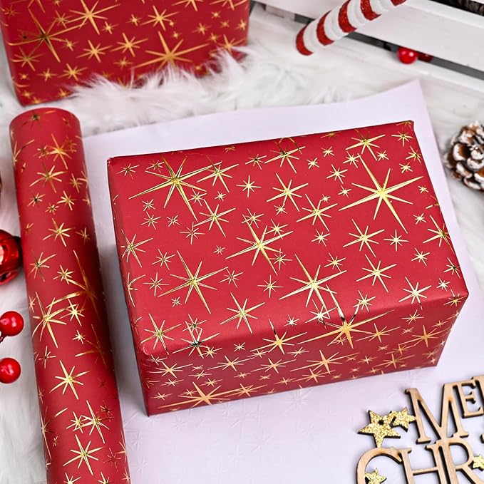 Garbendy Red Christams Wrapping Paper Roll - 17 Inch X 32.8 Feet - Embossing 3D with Gold Foil Star Design for Christmas, Birthday, Wedding, Baby Shower, Bridal Shower, Party
