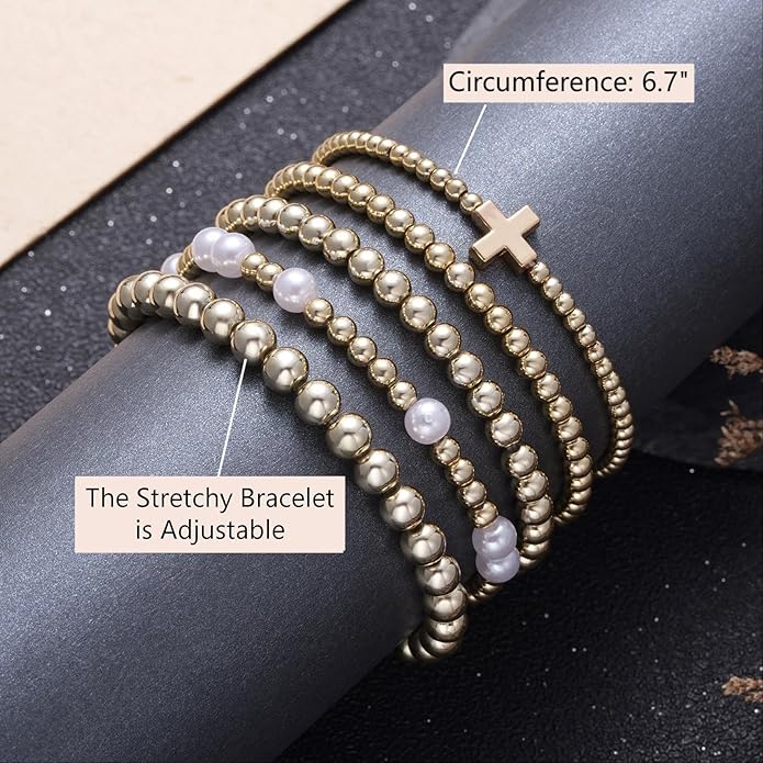 Kvekstio Gold Beaded Bracelet Set for Women – 5 Pack Layered Stackable Stretch Bracelets with Mixed Bead Sizes, Pearl-Style & Cross Charm, Minimalist Beads Jewelry Gifts for Everyday Wear & Holiday