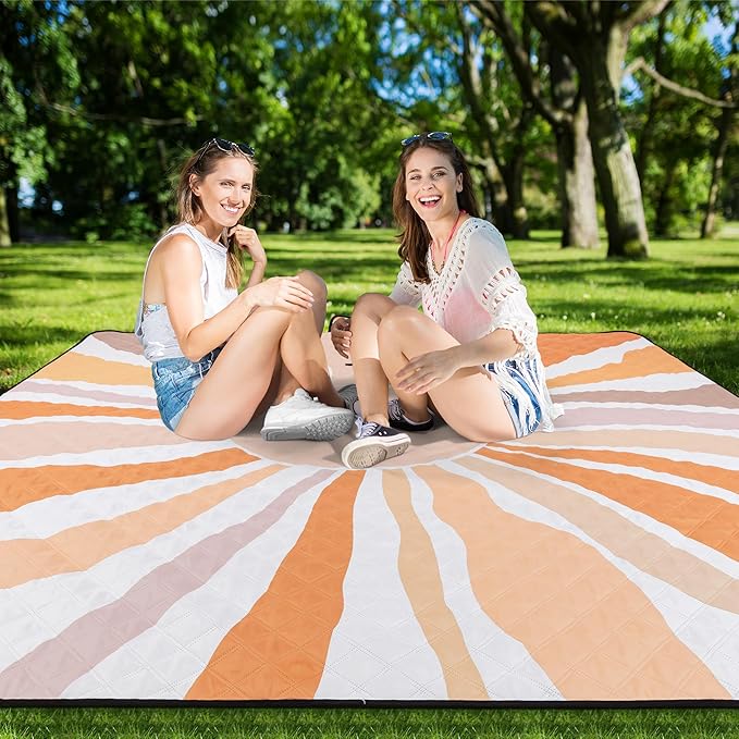 Picnic Blankets, Large Beach Blanket Waterproof Sandproof, Foldable & Portable Outdoor Picnic Blanket, 79''x79'' 3-Layer Picnic Mat for Camping, Park, Travel, Grass Lawn-Boho Sunburst