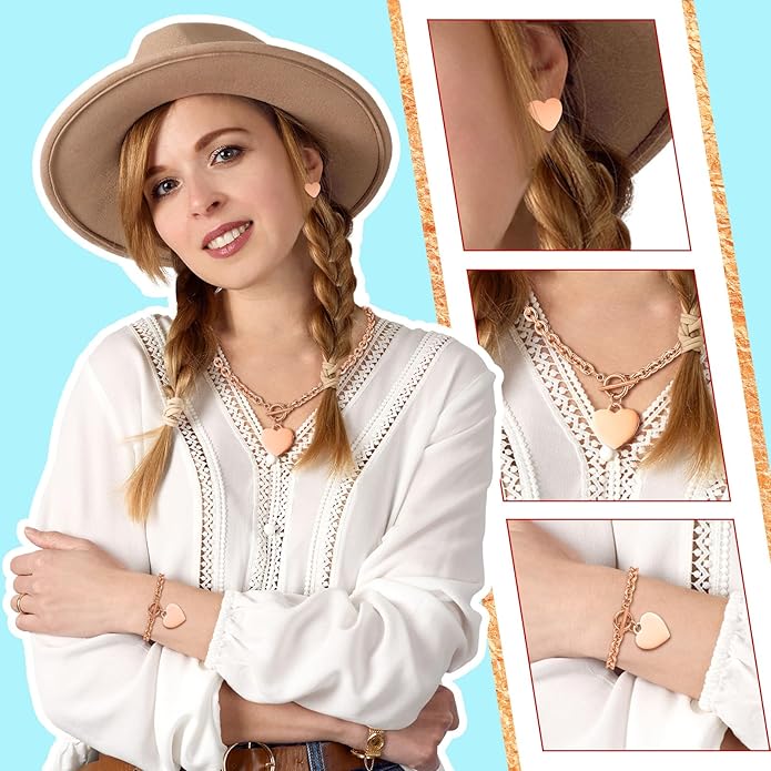 Bucherry 3 Pcs Heart Jewelry Set Bow Snowflake Jewelry Heart Pendant Chain Toggle Necklace with Bracelet Earrings Snowflake Stainless Steel Link Chain for Women Gift