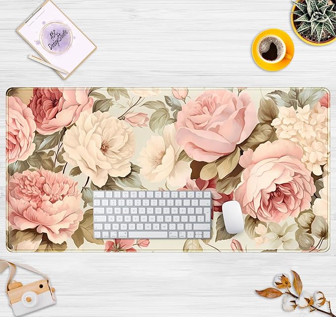 Cute Floral Desk Mat Pastel Roses Gaming Mouse Pad XXL Large Extended Flowers Desk Pad, Laptop Keyboard and Mouse Mat with Stitched Edges, Women Computer Desktop Mat Gamer Playmat 31.5x15.7 in