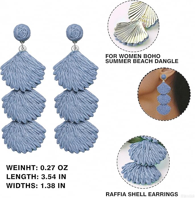 Raffia Dangle Earrings for Women - Boho Statement Rattan Drop Jewelry with Shell Design, Lightweight Summer Beach Trendy Accessories