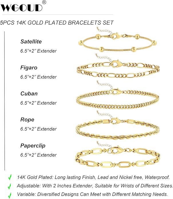 wgoud Dainty Gold Chain Bracelets, 14K Real Gold Plated Link Bracelets for Women, Trendy Stackable Bracelet Set, Waterproof Adjustable
