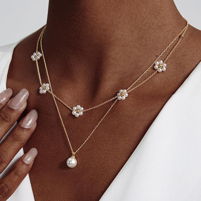 OGD Gold Pearl Necklaces Set for Women 14K Gold Plated Dainty Layered Pearl Cute Daisy Pearl Choker Gold Necklace Gifts for Women Gold Trendy Jewelry Gifts
