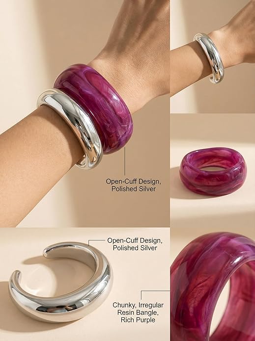 2Pcs Irregular Acrylic Bangle Set - Open & Closed Cuff Bracelets Fashion Jewelry for Women, Trendy Chunky Resin Bracelets New Year's gift