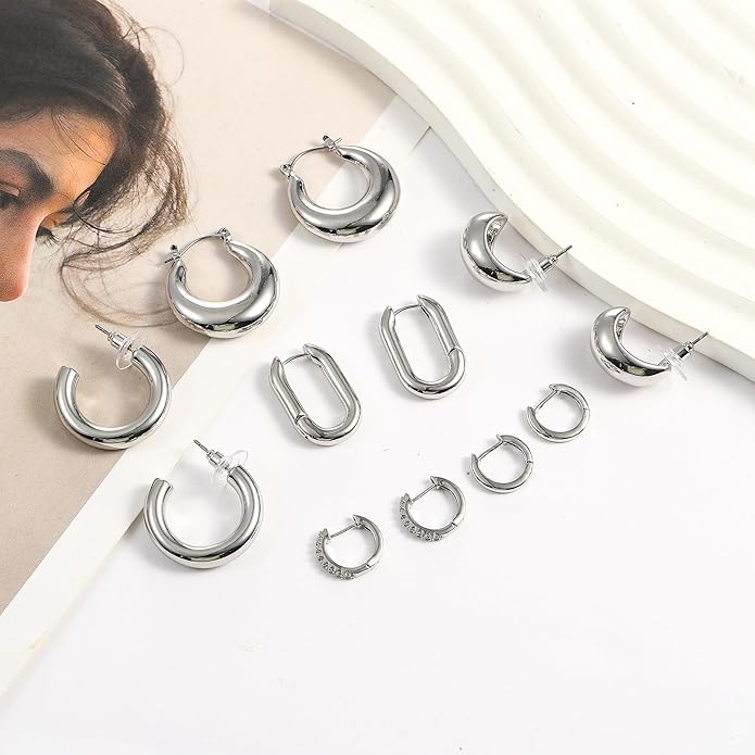 Wgoud 6 Pairs Gold Hoop Earrings Set for Women, 14K Gold Plated Hypoallergenic Lightweight Chunky Open Huggie Hoops Earrings Jewelry for Gifts.