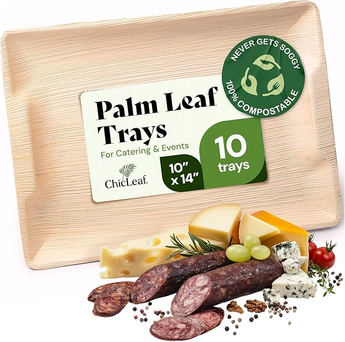 Chic Leaf Rectangular Palm Leaf Platter - 10 x 14 In, Pack of 10, Natural - Compostable Tray for Charcuterie & Party Trays - Oven & Microwave Safe Platter & Bamboo Plates Thanksgiving Dinner
