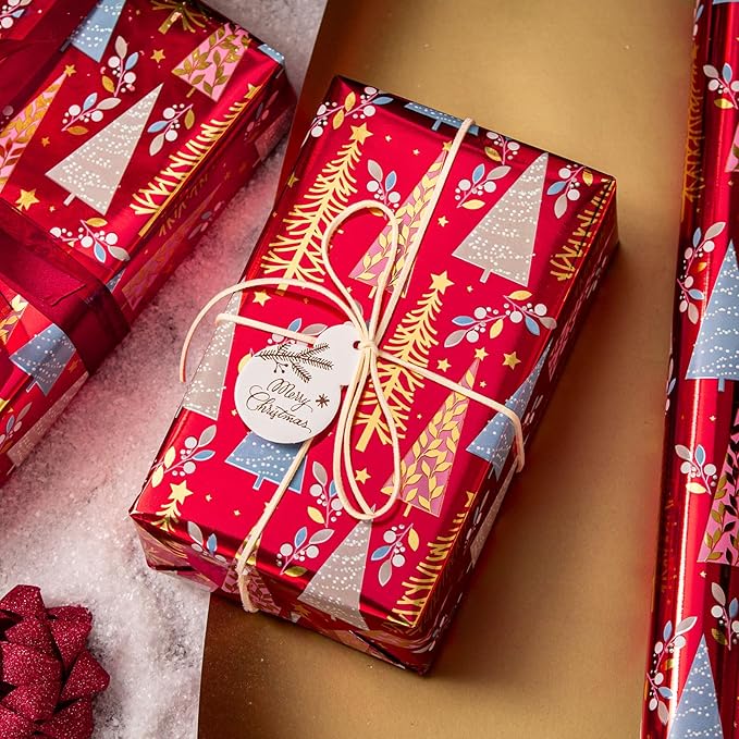 MAYPLUSS Christmas Wrapping Paper Roll - 17IN X 33FT - Christmas Gift Wrapping Paper Featuring Triangle Tree Against Red Reversible Gold for Kids, Holiday, New Year