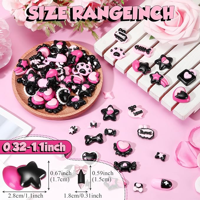 Giegxin 40 Pcs Pink and Black Valentine's Day Resin Charm Love Heart Bow Star Cat Claw Bone Meteor Flatback Cabochon Accessories Cute Embellishment Bulk for Jewelry Cellphone Case Scrapbooking DIY